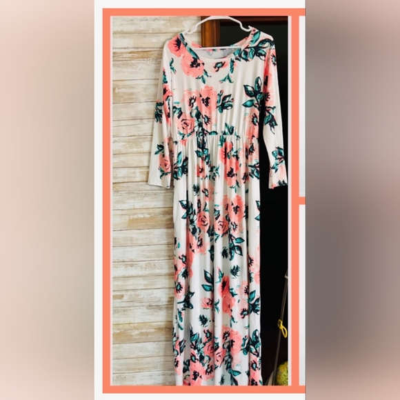 Dresses & Skirts - Floral Maxi Dress with Pink and Green Pattern